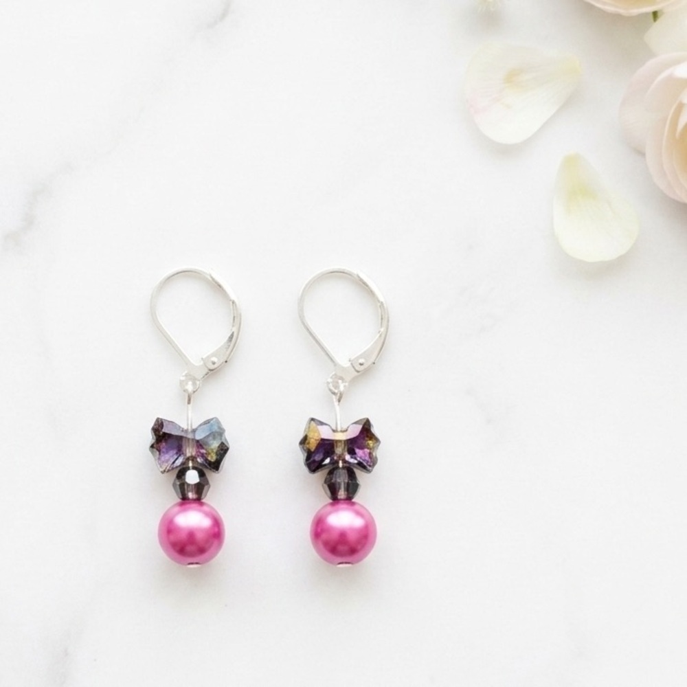 Crystal Bow & Pink Pearl Dangle Earrings
